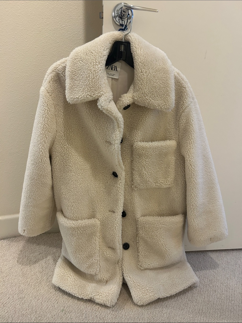 Zara Cream Sherpa Coat with Patch Pockets